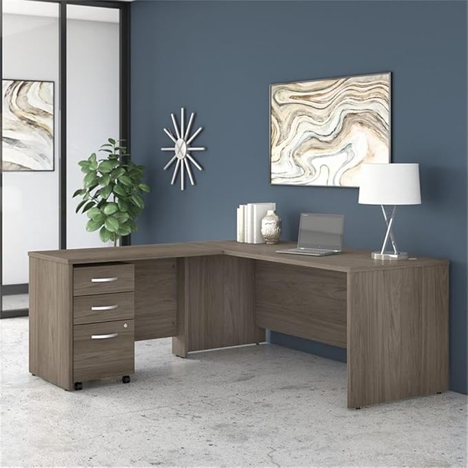 Pemberly Row 72W L Shaped Desk with Drawers in Modern Hickory - Engineered Wood