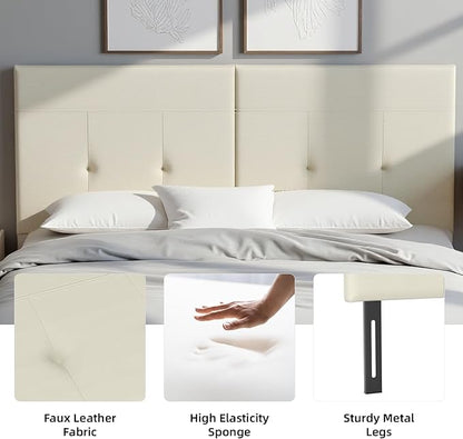 Queen Headboard Only with Adjustable Metal Legs, Faux Leather Upholstered Headboard Queen Size, Modern Stylish Headboard with Sunken Dot Design, Sturdy Bed Headboard for Bedroom, Ivory
