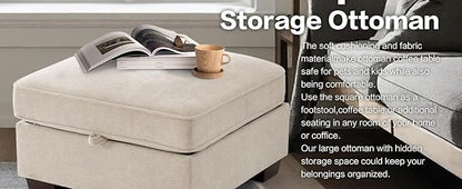 TEKAMON 27.5" Storage Ottoman, Square Footrest with Sponge Padded Seat, Chenille Fabric Step Stool for Sofa, Bedroom, Living Room, Entryway, Modern Change Shoes Stool, Wood Legs, (Beige)