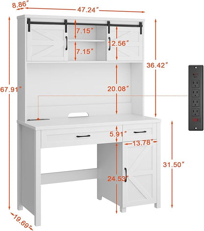 Vabches Farmhouse 47" Executive Desk, Computer Desks with 2 Drawers and Storage Cabinet, Home Office Desk with Hutch and Charging Station, Workspace for Work and Study. (Cream White)