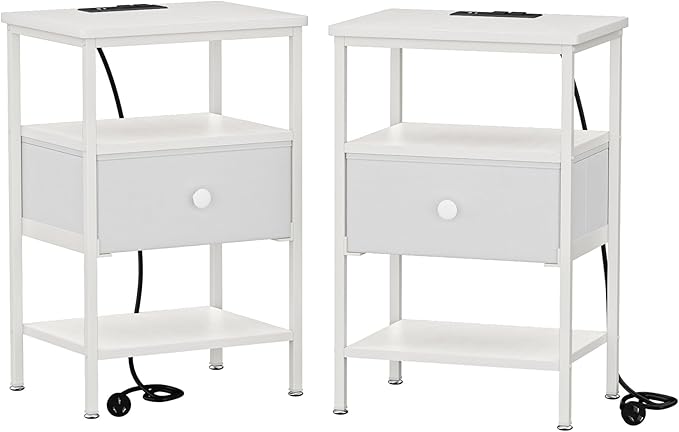 VECELO Night Stand Set 2, Nightstand with Charging Station, End Tables with Open Storage Shelf, Bed Side Tables with Fabric Drawers for Bedroom,Living Room,Elegant White