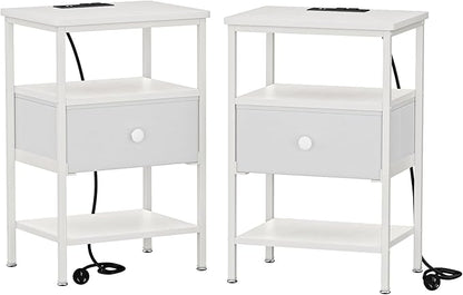 VECELO Night Stand Set 2, Nightstand with Charging Station, End Tables with Open Storage Shelf, Bed Side Tables with Fabric Drawers for Bedroom,Living Room,Elegant White