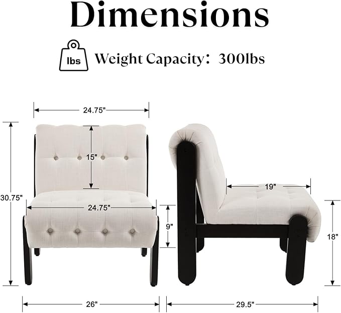 HEAH-YO Living Room Accent Chairs Set of 2,Modern Armless Chair for Bedroom with Button Tufted Back and Wood Legs,Upholstered Comfy Reading Chair for Makeup Vanity Office Cafe,Linen Beige
