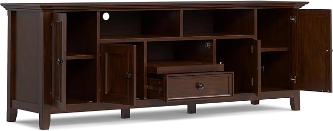 SIMPLIHOME Amherst 72-inch Wide Solid Wood TV Stand in Russet Brown, Transitional-Style Media Console for Living Room with Cable Management and Adjustable Shelves, Fits 80" TVs