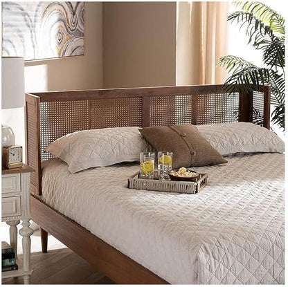 Eclectic Escape Mid-Century Modern Ash Wanut Finished Wood and Synthetic Rattan Wrap-Around Headboard King