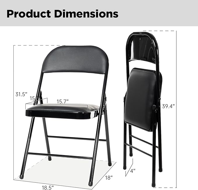 80 Pack Folding Chairs with Padded Seats, Padded Folding Chair with Steel Frame for Events Home Office, Pu Leather Folding Chair Black