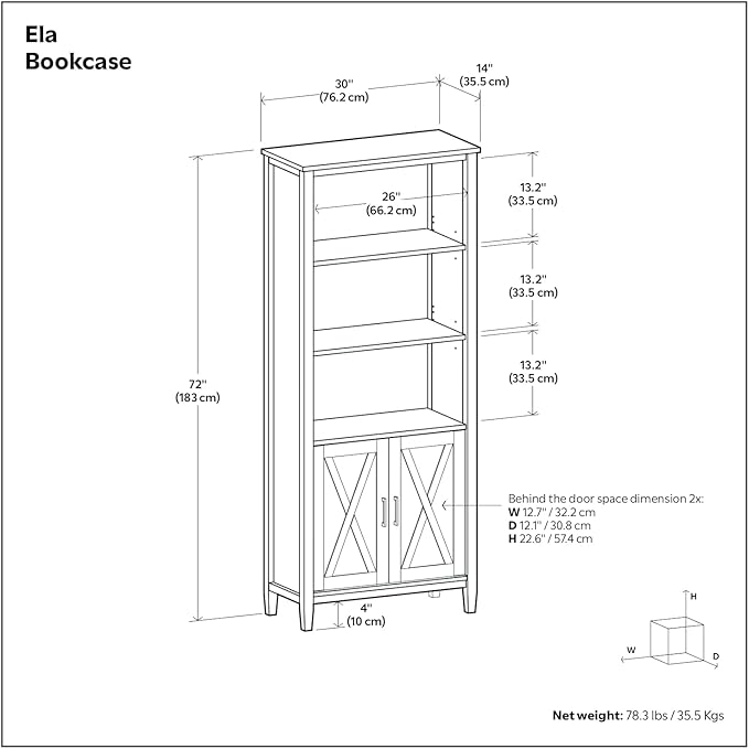SIMPLIHOME Ela Bookcase - 72 inch Tall 5-Shelf Solid Wood Bookshelf in Smoky Brown, Transitional Storage for Living Room, Study Room or Office with Open Design and Sleek Panel Detailing
