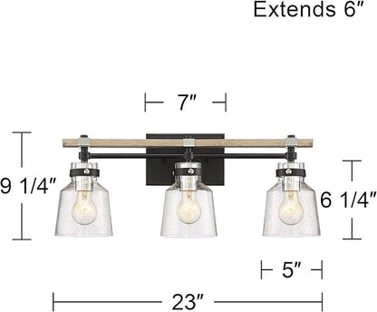 Possini Euro Design Broadway Modern Industrial Wall Light Black Painted Faux Wood Hardwired 23" 3-Light Fixture Clear Seedy Glass Shade for Bedroom Bedside Bathroom Vanity Living Room Hallway House
