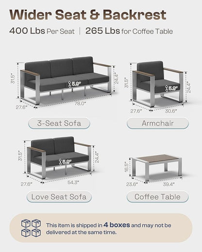 Outdoor Patio Furniture Set, 7 Seats Outdoor Patio Conversation Sets with Ergonomic Seat and Wide Washable Thick Cushions, Modern Patio Sectional Furniture for Balcony, Porch (Charocal)