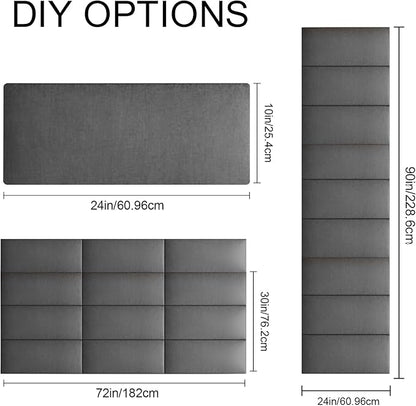 Upholstered Wall Mounted Headboard, 3D Soundproof Wall Panels Peel and Stick, Queen Size, Tufted, Dark Grey (9 Panels, 10" x 24")
