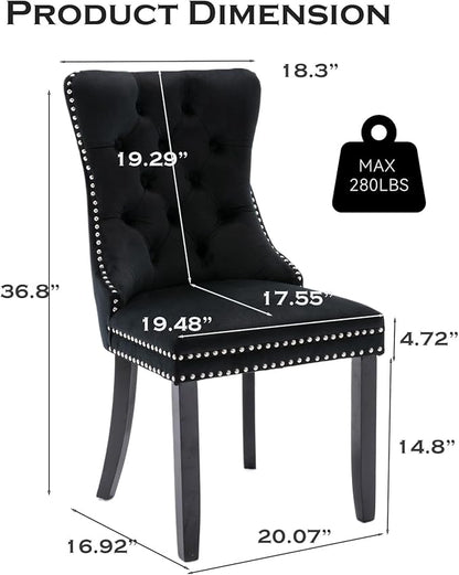 Velvet Upholstered Dining Chairs Set of 2, Modern Style Kitchen Side Chairs with Nailhead Trim and Wood Legs,Metal Pulling Ring for Dining Room Living Room(Black,Set of 2)