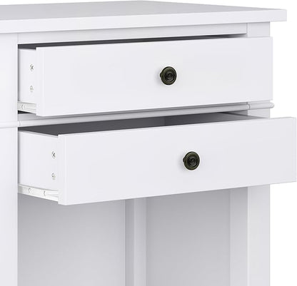 SIMPLIHOME Carlton Bedside Table - 24 inch Wide Solid Wood Nightstand Table in White, Transitional Bedroom Side or End Table with 2 Drawers, Open Storage Shelf and Bronze Hardware