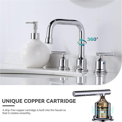 WOWOW Widespread Bathroom Faucet Chrome 8 inch Bathroom Sink Faucet Adjustable 3 Pieces Basin Faucets 360° Swivel Spout Modern Lavatory Faucet Vanity Faucets Water Supply Lines Quick Install Pipe