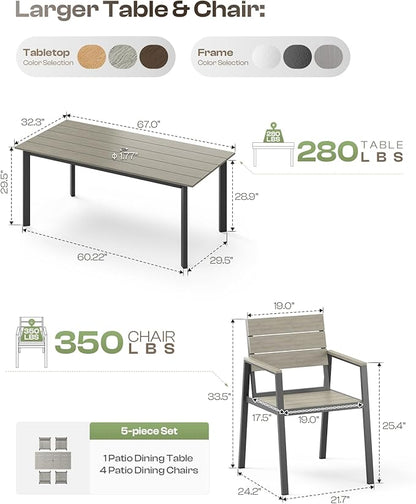 67" Rectangle HDPS Patio Dining Table, Aluminum Outdoor Patio Dining Table with Umbrella Hole, Weather-Resistant for Lawn, Garden, Yard, Poolside and Indoor Use, Gray