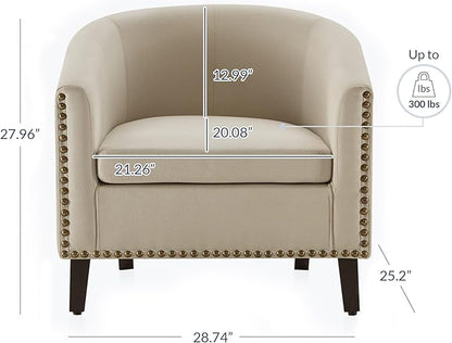 BELLEZE Accent Barrel Chair Set of 2, Modern Tub Club Chair Upholstered Armchair with Gold Nail Head Trim and Black Legs for Living Room Bedroom Apartment Lounge - Beige/Linen