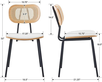 Mid-Century Modern Rattan Cane Back Dining Chairs Set of 4 — PU Leather Upholstered Seat, Black Metal Legs, Kitchen Side Chairs for Kitchen & Dining Room, White