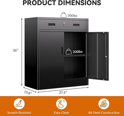 BESFUR Metal Storage Cabinet with Lockable Drawer and 2 Lockable Doors, 36"H Black Metal Cabinet with Adjustable Shelf, Locking Storage Cabinet for Home Office, Garage,School, Warehouse, Utility Room