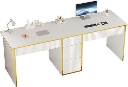 4 EVER WINNER Two Person Desk with Drawers, 78.72 Inch Extra Long Computer Desk with 5 Storage Drawers, Study Writing Desk with Storage Shelves for Home Office, White and Gold Desk