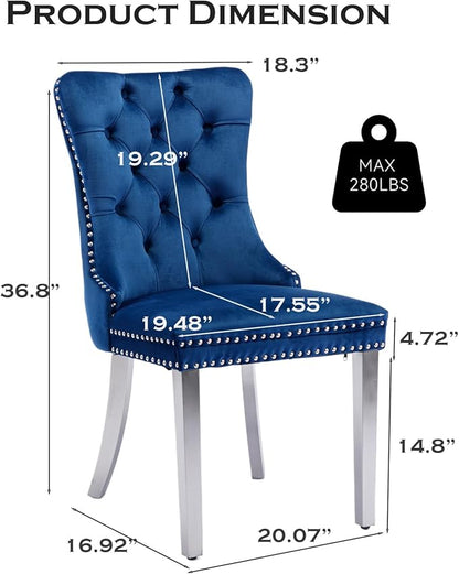 Velvet Upholstered Dining Chairs Set of 8, Modern Style Kitchen Side Chairs with Nailhead Trim and Silver Plated Leg, Metal Pulling Ring for Dining Room Living Room(Blue)