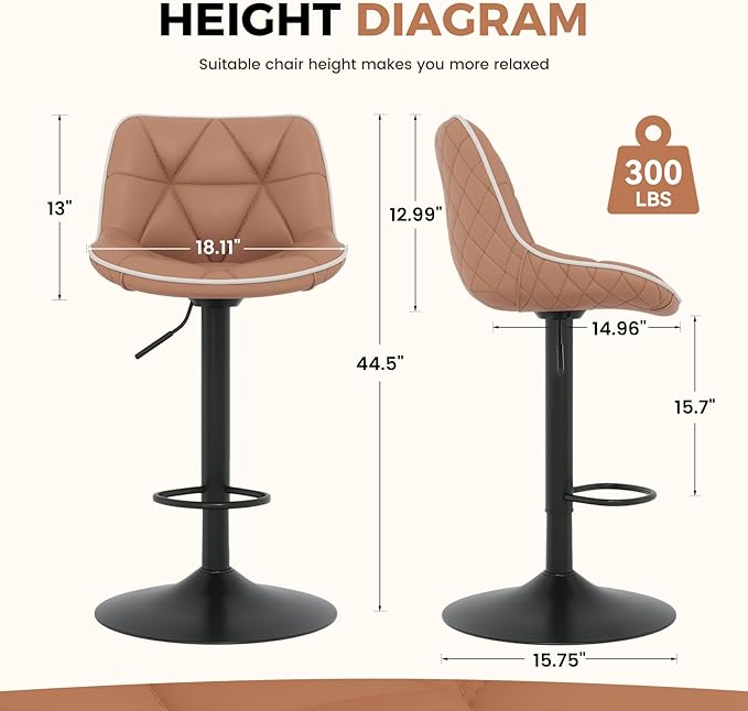 Nalupatio Bar Stools Set of 4, Adjustable Swivel Counter Height Bar Stools with Back, Armless Modern Barstools for Kitchen Island & Home Bar, Upholstered Seat,（Terracotta）