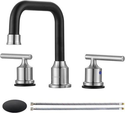 WOWOW 3 Hole Bathroom Faucet Widespread Bathroom Sink Faucet 8 inch, 3 Piece Vanity Tap with Drain, Brushed Nickel and Matte Black Tall Basin Tap 2 Handle