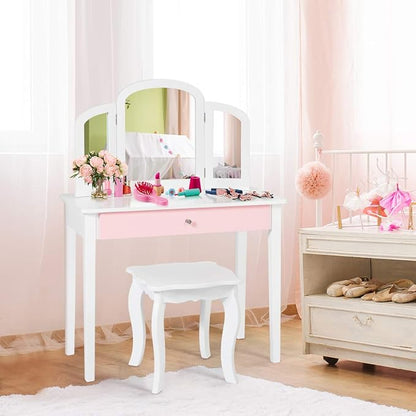 Costzon Kids Vanity, Girls Vanity Set with Tri-Folding Mirror, Stool, Storage Drawer, Princess Toddler Makeup Vanity Desk Dressing Table, Wooden Kids Vanity Table and Chair Set (White)