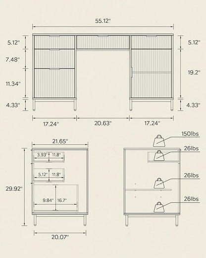 Modern Fluted Executive Desk with File Drawer, 55" Large Computer Desk with Storage and Charging Station, Wooden Home Office Desk for Workspace, Writing, Study, Brown