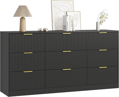 3-Piece Modern Bedroom Furniture Set, Wide 9-Drawer Dresser & 2-Drawer Nightstands Set of 2, Natural Wood Dresser and Nightstand Sets for Bedroom, Hallway, Black