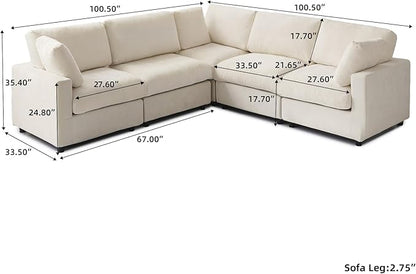 WJShome V Shaped Sectional Couch 100 Inch 5-Seater Modern Modular Sofa,Chenille Deep Seat Couches for Living Room, Bedroom and Apartment，Beige