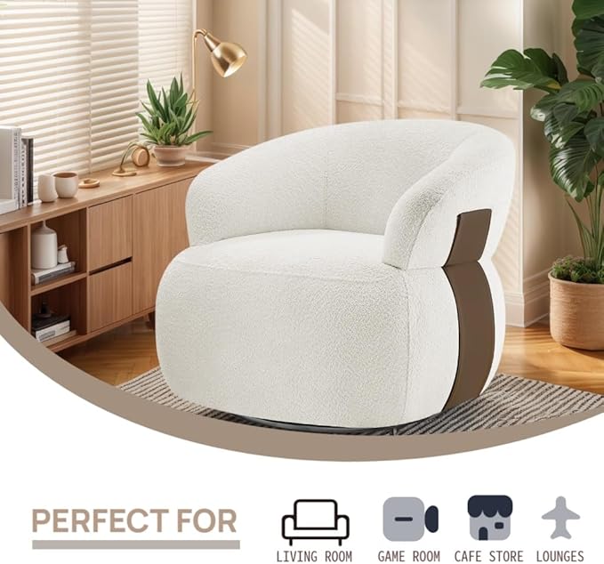 Swivel Barrel Accent Chairs-Modern Round Club Arm Chair Upholstered Living Room Armchair, Single Sofa Seating Bedroom Side Reading Seat for Living Roon Office (White,1 Pack)