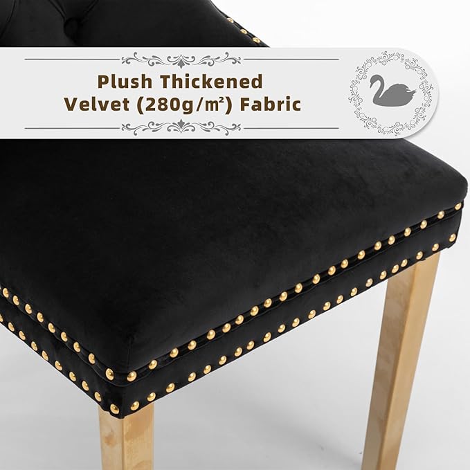 Velvet Upholstered Dining Chairs Set of 2, Modern Style Kitchen Side Chairs with Nailhead Trim and Gold Plated Leg, Metal Pulling Ring for Dining Room Living Room(Black,Set of 2)