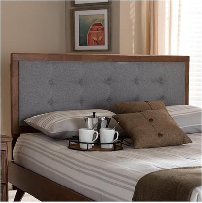 Mid-Century Marvel Fabric Upholstered Walnut Brown Finished Wood Headboard, Wall Mount Headboard King/Light Gray