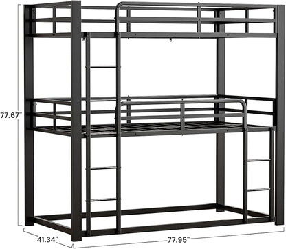 Metal Triple Bunk Bed, Twin Over Twin Over Twin Heavy Duty Bunkbeds, Full-Length Guardrail Family-Friendly for All Ages, Bedroom, No Box Spring Needed, Easy Assembly, Black