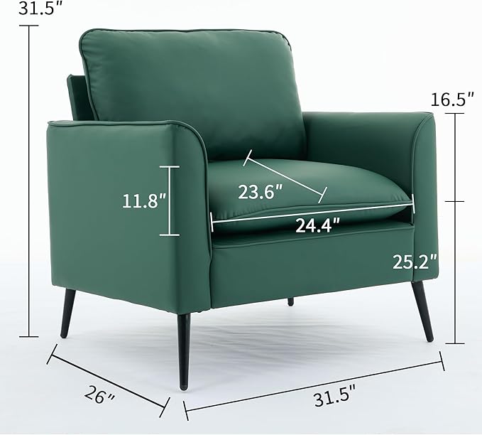 YISHENG Mid-Century Modern Living Room Accent Chairs Set of 2 - Oversized Faux Leather Armchairs with Removable Cushions & Metal Legs, Comfortable Sofas for Office/Lounge/Bedroom/Reception,Green
