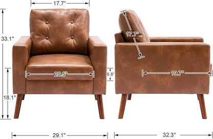 Wahson Accent Chairs Set of 2, Faux Leather Tufted Single Sofa, Brown Oversized Club Chair, Mid Century Modern Armchair with Wood Legs for Reading/Living Room/Bedroom