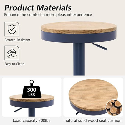 Kidol & Shellder Bar Stools Set of 2 Round Adjustable Swivel Barstools Modern Backless Bar Chairs Wooden Seat Counter Height Stools Armless for Kitchen Island, Cafe, Dining Room Blue