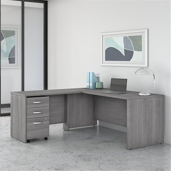 Pemberly Row Engineered Wood 72W L Shaped Desk with Mobile File Cabinet in Gray