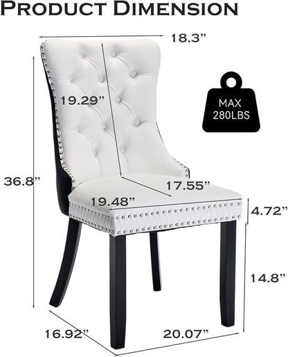 Leather Upholstered Dining Chairs Set of 6, Modern Style Kitchen Side Chairs with Nailhead Trim and Wood Leg, Metal Pulling Ring for Dining Room Living Room(Black&White,Set of 6)