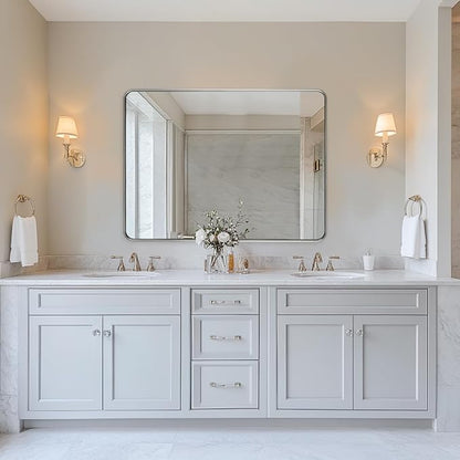 ANDY STAR Wall Mirror for Bathroom, 30x40 Inch Brushed Nickel Rectangle Bathroom Mirror for Over Sink, Modern Silver Rounded Rectangular Mirror for Vanity with Non-Rusting Tube Metal Frame