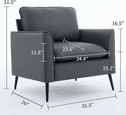 YISHENG Mid-Century Modern Living Room Accent Chairs Set of 2 - Oversized Faux Leather Armchairs with Removable Cushions & Metal Legs, Comfortable Sofas for Office/Lounge/Bedroom/Reception,Gray