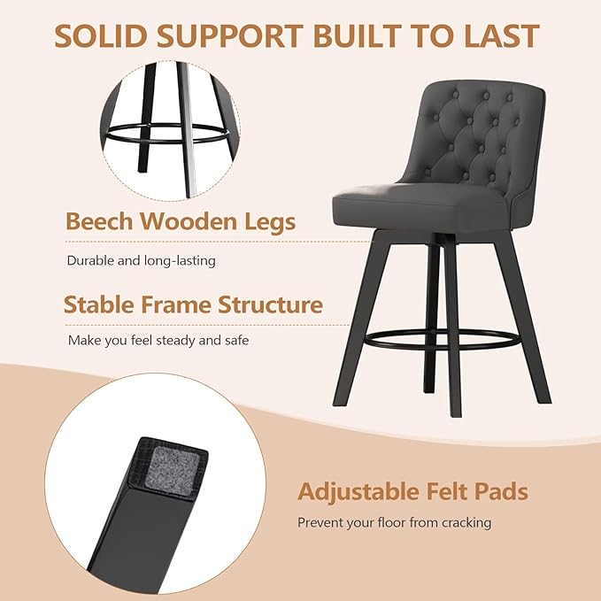 MINCETA Bar Stools Set of 3, PU Leather Barstools, 26 Inch Upholstered Counter Stools with Low Tufted Back and Footrest, Swivel Counter Height Barstools for Kitchen Island Home Bar Dark Gray
