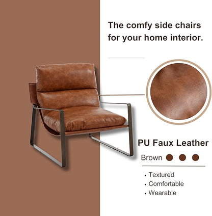 HEAH-YO Modern Accent Chairs Set of 2, Upholstered PU Fuax Leather Living Room Chairs with Bronze Metal Legs, Comfy Arm Side Chairs for Bedroom, Brown