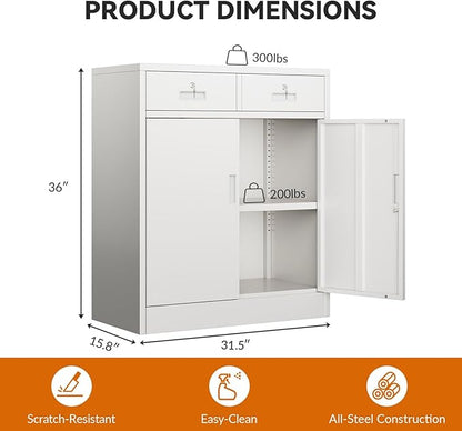 BESFUR Metal Storage Cabinet with 2 Lockable Drawers and 2 Lockable Doors, 36" H White Locking Storage Cabinet with Adjustable Shelf, Metal Cabinet for Home Office, Garage,School, Utility Room