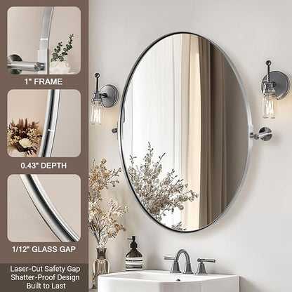 ANDY STAR Brushed Nickel Bathroom Mirror, 24 x 32 Inch Oval Pivot Mirror for Wall, Unique Farmhouse Tilt Mirror in Slim Silver Stainless Steel Metal Frame for Bedroom, Powder Room