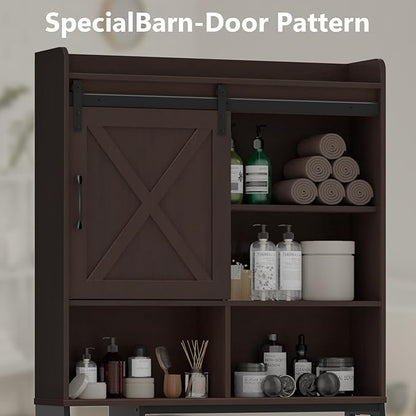 Over The Toilet Storage Cabinet, Farmhouse Storage Cabinet Over Toilet with Sliding Door & Toilet Paper Holder Stand，Home Space-Saving Toilet Rack, for Bathroom, Restroom, Laundry.Espresso