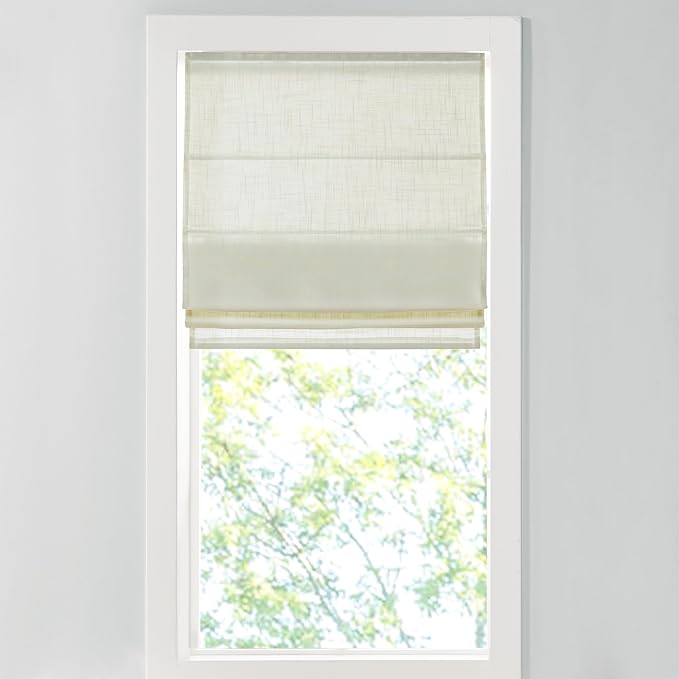 Madison Park Kyler Cordless Roman Shades - Single Panel, Lightweight Linen Blend Fabric, Natural Design, Easy Installation, Light Filtering Window Blind, Bedroom, Living Room Decor 35"W x 64"H Ivory