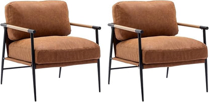 HEAH-YO Modern Accent Chairs Set of 2, PU Faux Leather Living Room Chairs with Backrests, Comfy Reading Side Chairs with Metal Legs for Bedroom, Brown