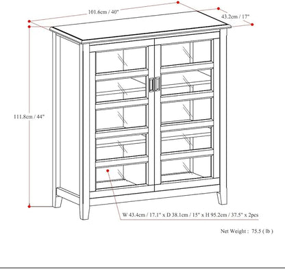 SIMPLIHOME Burlington SOLID WOOD 40 inch Wide Transitional Medium Storage Cabinet in Mahogany Brown, with 2 Tempered Glass Doors that open to 4 Adjustable Shelves