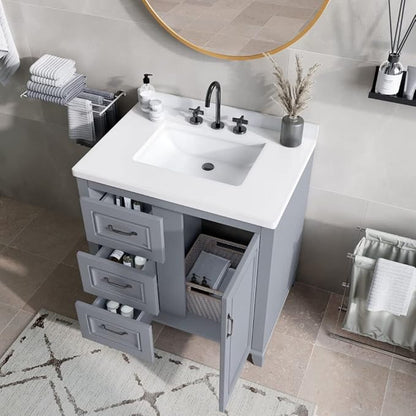 Hanover Ambridge 31'' Vanity Cabinet with Sink Combo for Bathroom, Powder Room | Pre-Assembled Cabinet | 1 Door, 3 Drawers | Artificial Stone Countertop, Gray Cabinet | HANVN0104-31-0GR