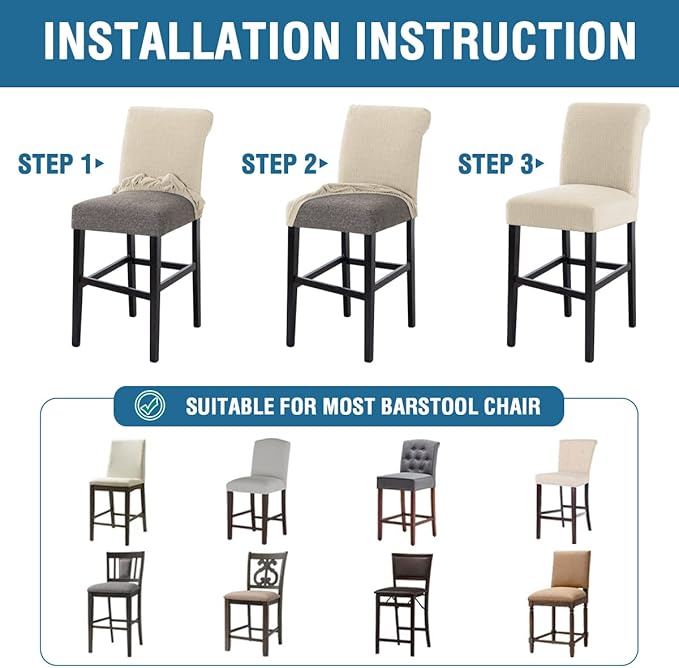 H.VERSAILTEX 100% Waterproof Pub Counter Stool Chair Covers Slipcover Rectangular Jacquard Crizzle Pattern Stretch Barstool Seat Covers with Backs Washable Dining Room Chair Covers Set of 2, Ivory